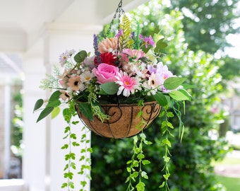 Artificial Faux Hanging Flowers Plants Basket for Spring Summer Outdoor Porch Decoration Fully Assembled Large Fake Planter Silk Home Patio