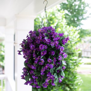 Artificial Faux Hanging Flowers Plants Basket for Spring Summer Outdoor Porch Decoration,  Fake Silk Morning Glory UV Resistant Home Patio