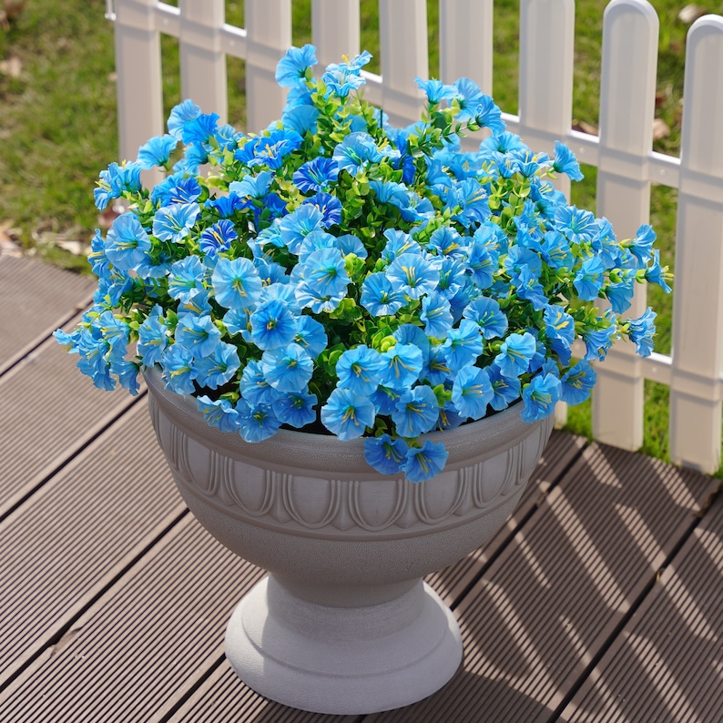 Artificial Faux Outdoor Plant Flower Spring Summer Porch Decoration, 12 Bundles Fake Silk Morning Glory UV Resistant for Outside Planter Pot Blue