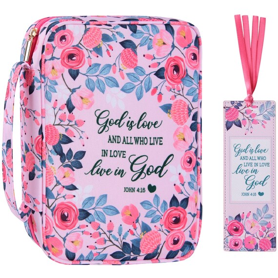 Floral Bible Cover Case with Scripture Verse Carrying Book Case Church Bag Bible Protective with Handle Zipper and Inner Pockets for Standard Size Bible Perfect Gift for Women Girl Kids 10x7.5x2.5