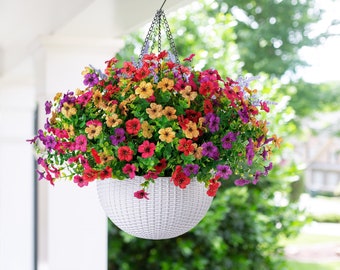 Artificial Faux Hanging Flowers Plants Basket for Spring Outdoor Porch Decoration,  Fake Silk Daisy UV Resistant Outside Home Patio Decor