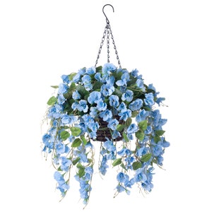 Artificial Faux Hanging Flowers Plants Basket Spring Summer Outdoor Porch Decoration Fake Silk Hibiscus UV Resistant Look Real Outside Patio Blue