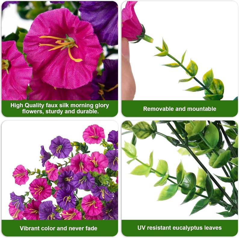 Pu&ograve; includere: Primo piano di fiori di gloria mattutina in seta artificiale, rosa e viola, con foglie di eucalipto. Il testo sull'immagine recita: "Fiori di gloria mattutina in seta artificiale di alta qualit&agrave;, robusti e durevoli."