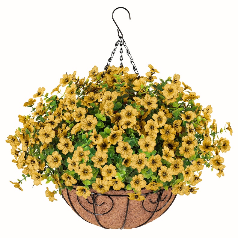 Artificial Faux Outdoor Hanging Flowers Plants Basket for Spring Summer Porch Decoration, Fake Silk Daisy UV Resistant Outside Patio Decor Yellow