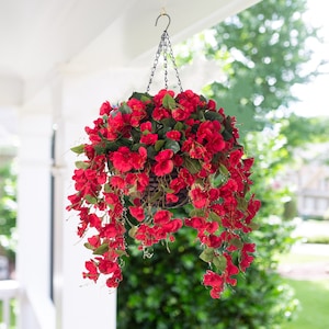 Artificial Faux Hanging Flowers Plants Basket Spring Summer Outdoor Porch Decoration Fake Silk Hibiscus UV Resistant Look Real Outside Patio Red