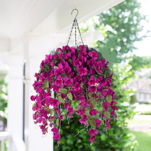 Artificial Faux Hanging Flowers Plants Basket Spring Summer Outdoor Porch Decoration Fake Silk Hibiscus UV Resistant Look Real Outside Patio Purple