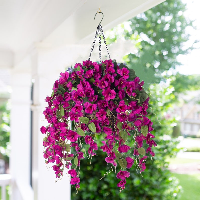 Artificial Faux Hanging Flowers Plants Basket Spring Summer Outdoor Porch Decoration Fake Silk Hibiscus UV Resistant Look Real Outside Patio Purple