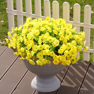 Artificial Faux Outdoor Plant Flower Spring Summer Porch Decoration, 12 Bundles Fake Silk Morning Glory UV Resistant for Outside Planter Pot Yellow