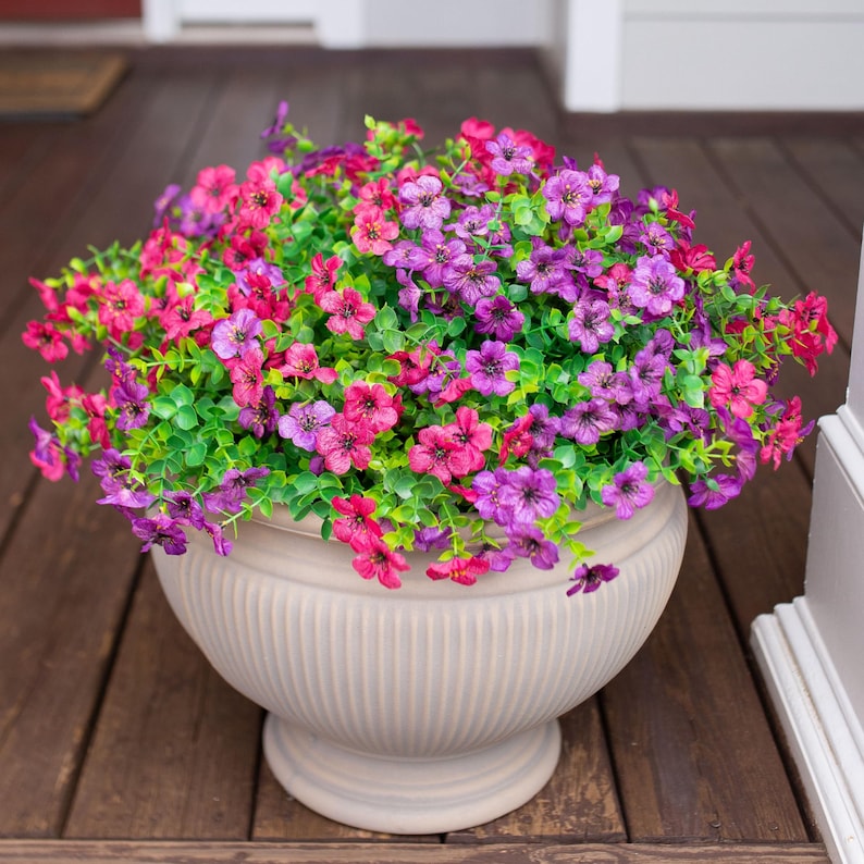 Artificial Faux Outdoor Plants Flowers for Spring Summer Decoration, 12 Bundles Fake Silk Mixed Daisy UV Resistant for Outside Planter Porch Purple Hotpink