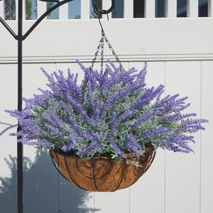 Artificial Faux Hanging Flowers Plants Basket for Spring Outdoor Porch Decoration,  Fake Silk Lavender UV Resistant Outside Home Patio Decor