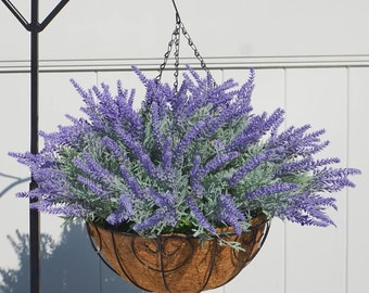 Artificial Faux Hanging Flowers Plants Basket for Spring Outdoor Porch Decoration,  Fake Silk Lavender UV Resistant Outside Home Patio Decor