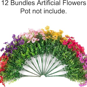 May include: Twelve bundles of artificial flowers arranged in a fan shape, featuring red, purple, pink, yellow, and magenta blossoms with green stems and leaves. The text 12 Bundles Artificial Flowers Pot not include is displayed above.