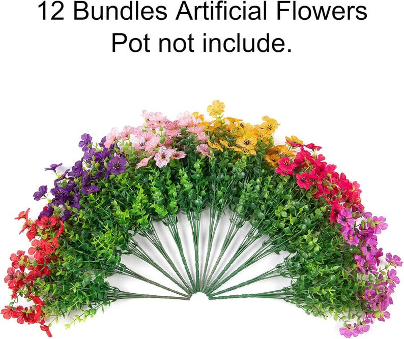 May include: Twelve bundles of artificial flowers arranged in a fan shape, featuring red, purple, pink, yellow, and magenta blossoms with green stems and leaves. The text 12 Bundles Artificial Flowers Pot not include is displayed above.