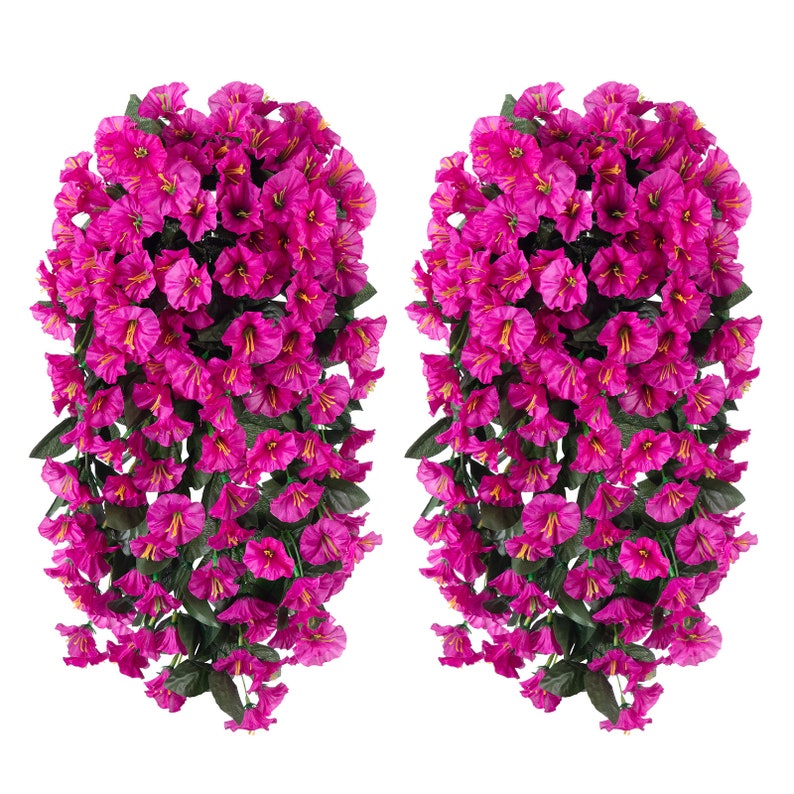 2PCS Artificial Faux Hanging Flowers Plants for Spring Summer Outdoor Porch Planter Decoration, Fake Silk Morning Glory Orchid UV Resistant Fuchsia