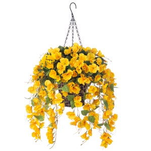 Artificial Faux Hanging Flowers Plants Basket Spring Summer Outdoor Porch Decoration Fake Silk Hibiscus UV Resistant Look Real Outside Patio Yellow