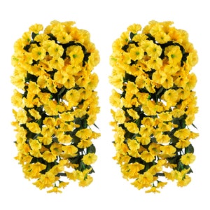 2PCS Artificial Faux Hanging Flowers Plants for Spring Summer Outdoor Porch Planter Decoration, Fake Silk Morning Glory Orchid UV Resistant Yellow 2