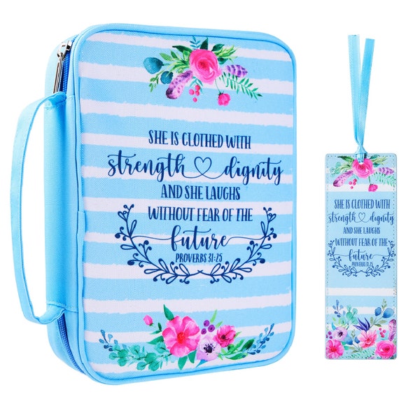 Floral Bible Cover Case with Scripture Verse Carrying Book Case Church Bag Bible Protective with Handle Zipper and Inner Pockets for Standard Size Bible Perfect Gift for Women Girl Kids 10x7.5x2.5