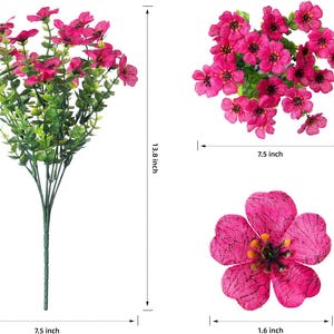 May include: A bouquet of artificial fuchsia flowers with green stems and leaves. The bouquet measures 35.05 cm in height and 19.05 cm in width. A single flower head measures 4.06 cm in diameter, and the flower cluster is 19.05 cm wide.