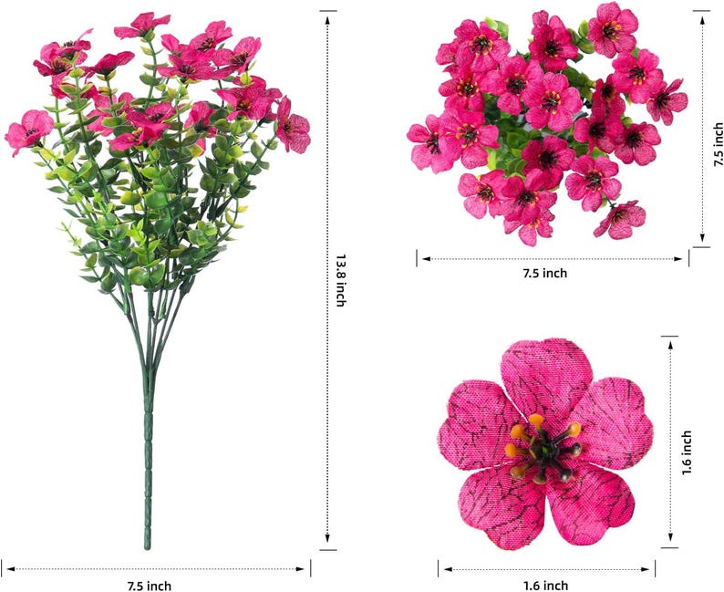 May include: A bouquet of artificial fuchsia flowers with green stems and leaves. The bouquet measures 35.05 cm in height and 19.05 cm in width. A single flower head measures 4.06 cm in diameter, and the flower cluster is 19.05 cm wide.