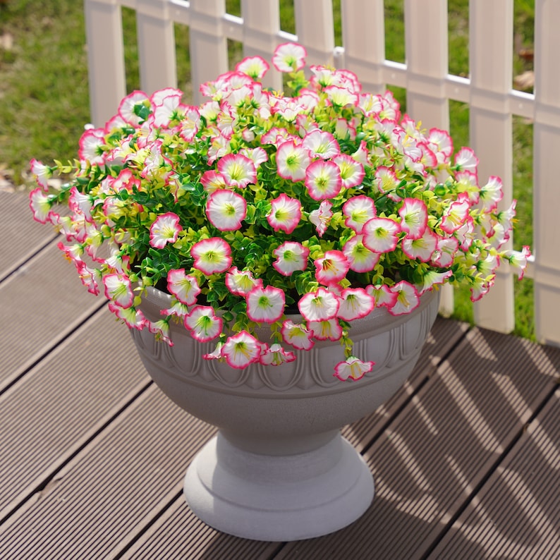 Artificial Faux Outdoor Plant Flower Spring Summer Porch Decoration, 12 Bundles Fake Silk Morning Glory UV Resistant for Outside Planter Pot Pink