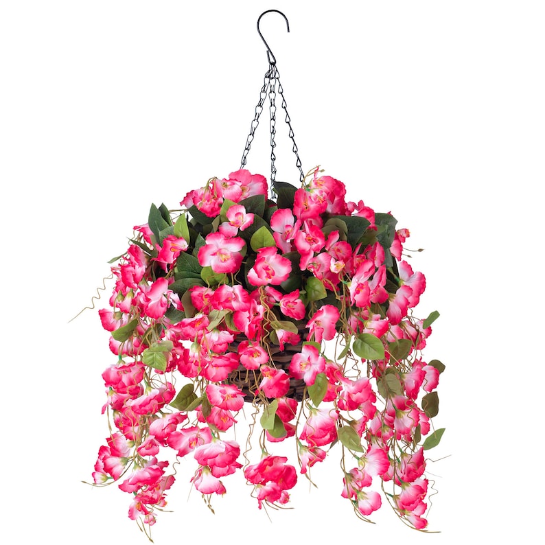 Artificial Faux Hanging Flowers Plants Basket Spring Summer Outdoor Porch Decoration Fake Silk Hibiscus UV Resistant Look Real Outside Patio Pink