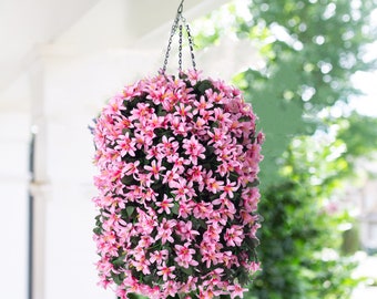 Artificial Faux Hanging Flower Plant Basket for Spring Summer Outdoor Outside Decor Fake Silk Orchid UV Resistant Look Real Porch Home Patio
