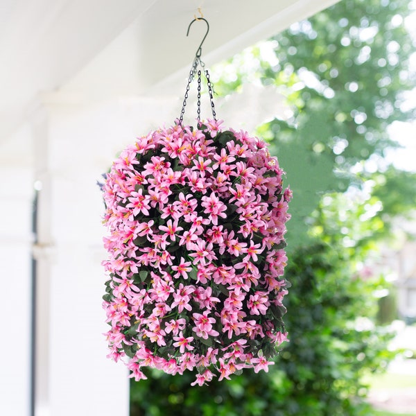 Artificial Faux Hanging Flower Plant Basket for Spring Summer Outdoor Outside Decor Fake Silk Orchid UV Resistant Look Real Porch Home Patio