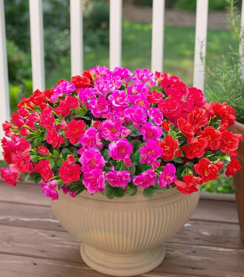 Flores de camelia de seda sintética resistentes a los rayos UV: Flores artificiales para exteriores - 3 ramos RedFuchsiaHotpink