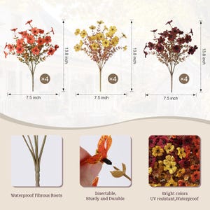 May include: Three sets of four artificial flower bushes in orange, yellow, and dark red. Each bush measures 35.05 cm high and 19.05 cm wide. Features include waterproof fibrous roots, insertable stems, and UV-resistant, waterproof bright colours.