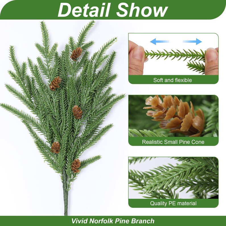 Artificial Faux Christmas Norfolk Pine Evergreen Stems Branch 12