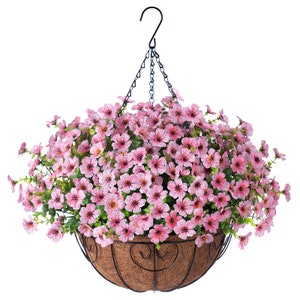 Artificial Faux Outdoor Hanging Flowers Plants Basket for Spring Summer Porch Decoration, Fake Silk Daisy UV Resistant Outside Patio Decor Pink
