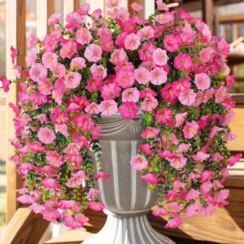 Pu&ograve; includere: Un'urna color pietra traboccante di petunie rosa vibranti. I fiori a cascata creano un'esposizione piena e lussureggiante, con fiori in varie tonalit&agrave; di rosa e centri gialli. L'urna &egrave; ambientata su uno sfondo di legno, creando una scena all'aperto affascinante.