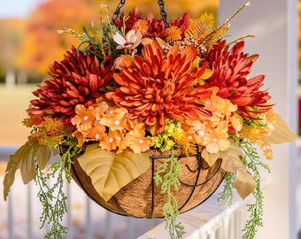Fall Flowers Faux Diasy Hanging Basket: Fake Mums UV Resistant Outdoor Decor