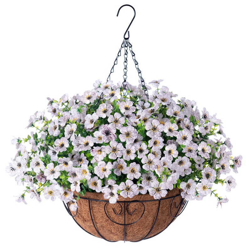 Artificial Faux Outdoor Hanging Flowers Plants Basket for Spring Summer Porch Decoration, Fake Silk Daisy UV Resistant Outside Patio Decor White