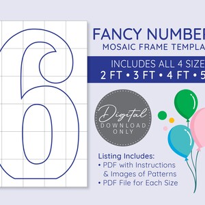 Fancy Number 6 Mosaik Digitale Vorlage - 2 Ft, 3 Ft, 4 Ft, 5 Ft, Fancy Balloon Numbers, Marquee Numbers, digitaler Download