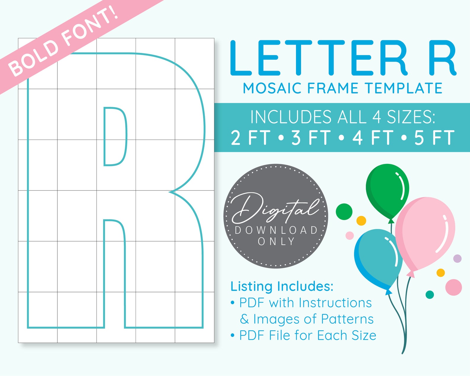 Letter R Mosaic Digital Template - 2 Ft, 3 Ft, 4 Ft, 5 Ft, Balloon ...