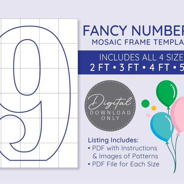 Fancy Number 9 Mosaic Digital Template - 2 Ft, 3 Ft, 4 Ft, 5 Ft, Fancy Balloon Numbers, Marquee Numbers, Digital Download