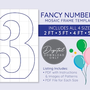 Fancy Number 3 Mosaik Digitale Vorlage - 2 Ft, 3 Ft, 4 Ft, 5 Ft, Fancy Balloon Numbers, Marquee Numbers, digitaler Download