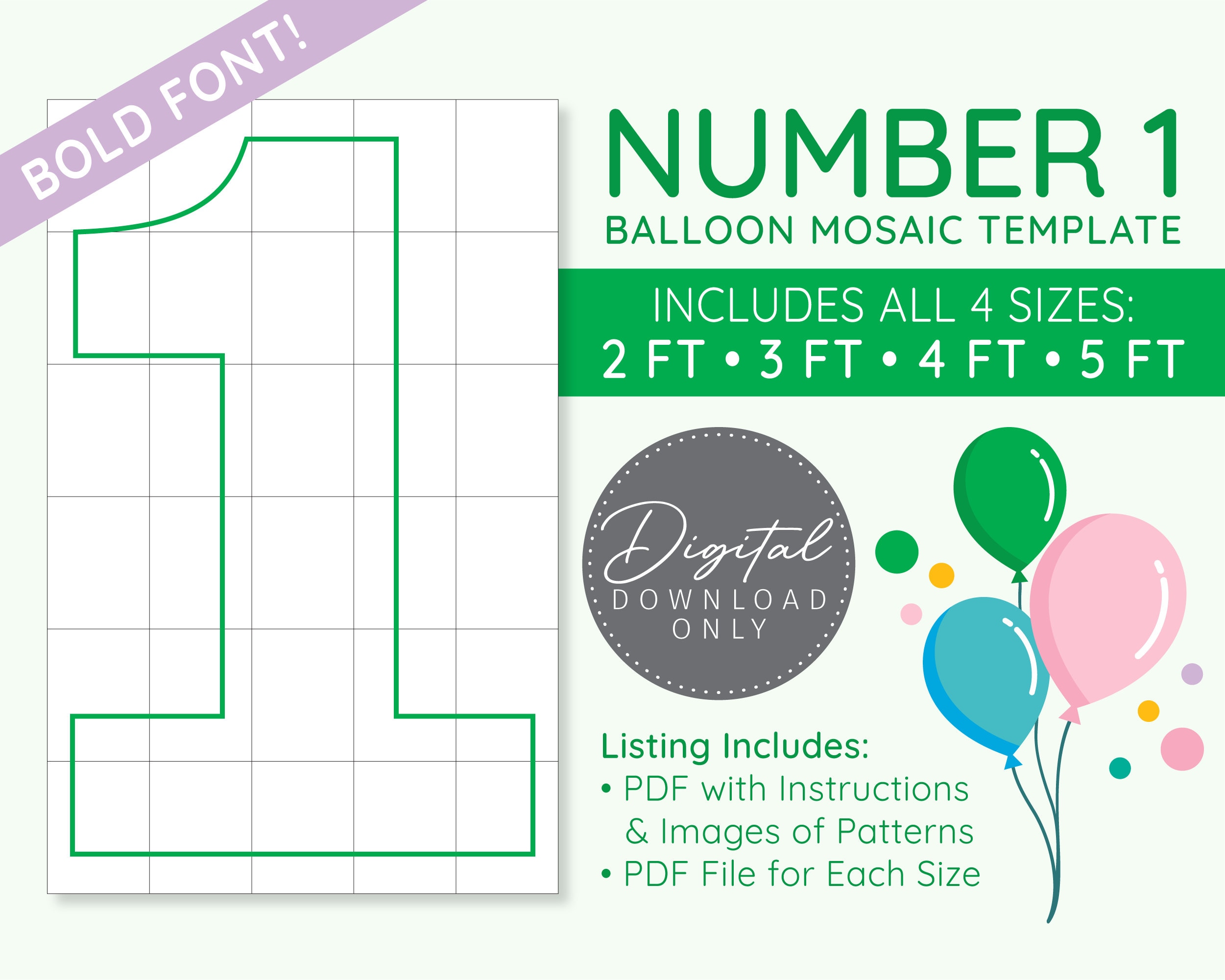 Number 1 Balloon Mosaic Template 2 Ft 3 Ft 4 Ft 5 Ft Etsy