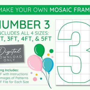 Number 3 Mosaic Digital Template - 2 Ft, 3 Ft, 4 Ft, 5 Ft, Balloon Numbers, Mosaic Balloons, Mosaic Numbers, PDF Download