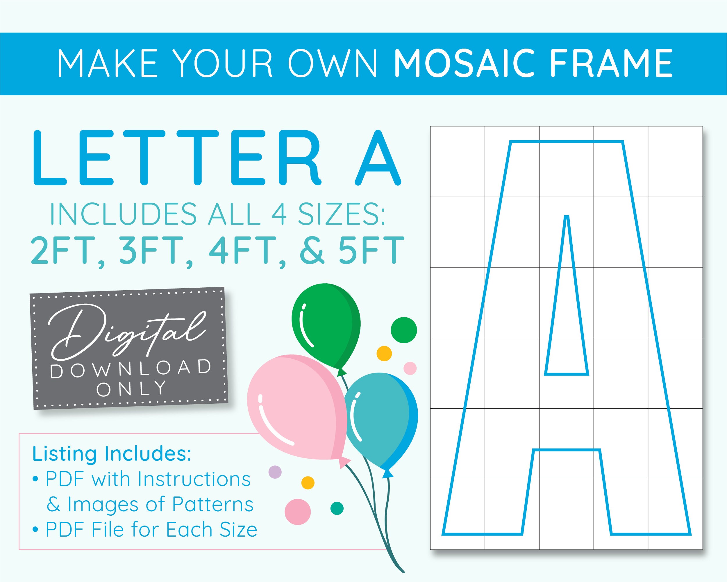 Letter A Mosaic Digital Template 2 Ft, 3 Ft, 4 Ft, 5 Ft, Balloon