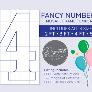 Fancy Number 4 Mosaik Digitale Vorlage - 2 Ft, 3 Ft, 4 Ft, 5 Ft, Fancy Balloon Numbers, Marquee Numbers, digitaler Download