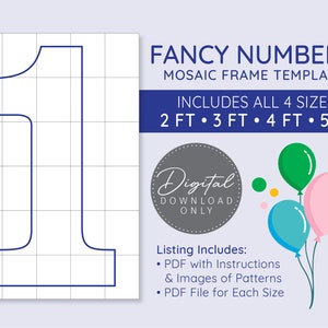 Fancy Number 1 Mosaik Digitale Vorlage - 2 Ft, 3 Ft, 4 Ft, 5 Ft, Fancy Balloon Numbers, Marquee Numbers, digitaler Download