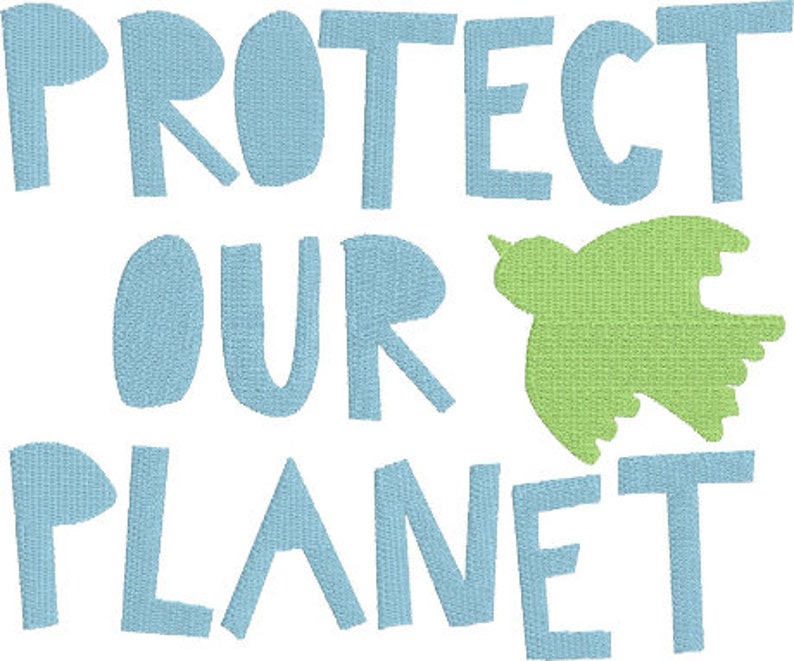 May include: Protect Our Planet is written in light blue with a green bird silhouette. The text is in a playful, hand-drawn style.