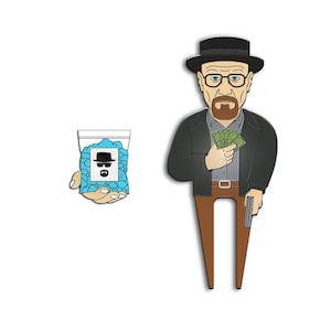 May include: A cartoon-style illustration featuring two elements: a character in a black hat, glasses, and a black jacket holding money and a gun, and a bag of blue crystals with a hat and face logo.