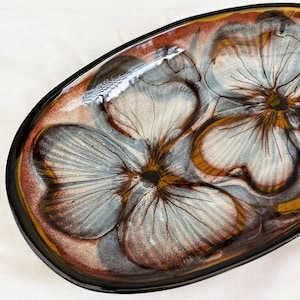 Mid Century Woolmill Studio Devon England Vintage Ceramic Dish with Floral Pattern in Ochres, Mustards, Brown and Rust Tones. Retro Ceramic
