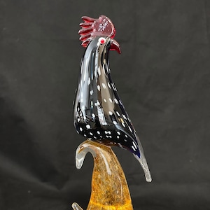 Mid century Cockerel Rooster Polka Dots Art Glass Bird Figure On Glass Stand