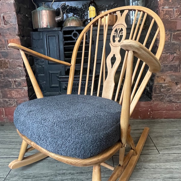 Mid Century Ercol Elm Wood Rocking Chair, Slate Grey Boucle Upholstery