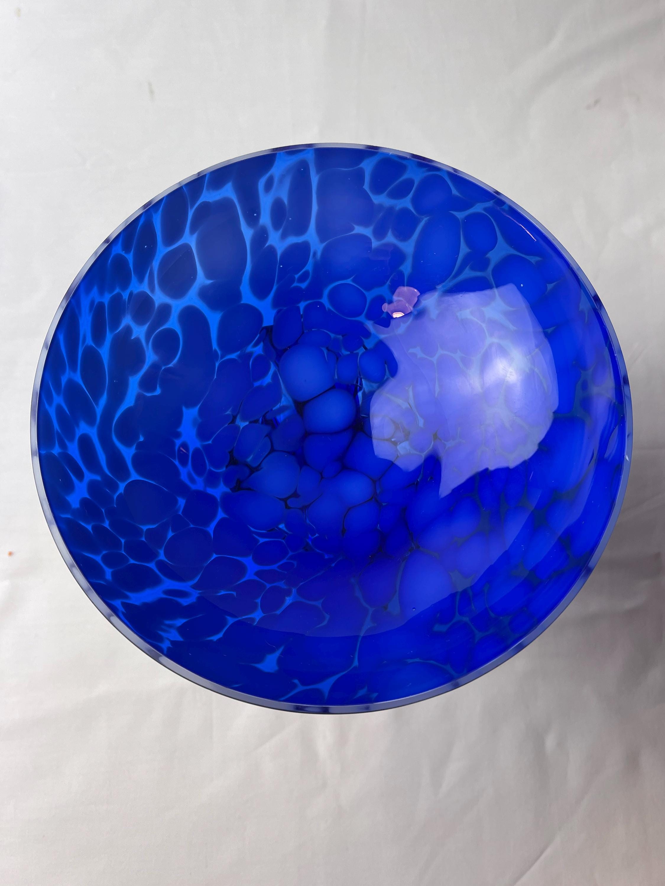 Vintage Jozefina Krosno Art Glass Bowl | Blue Hand Blown Footed