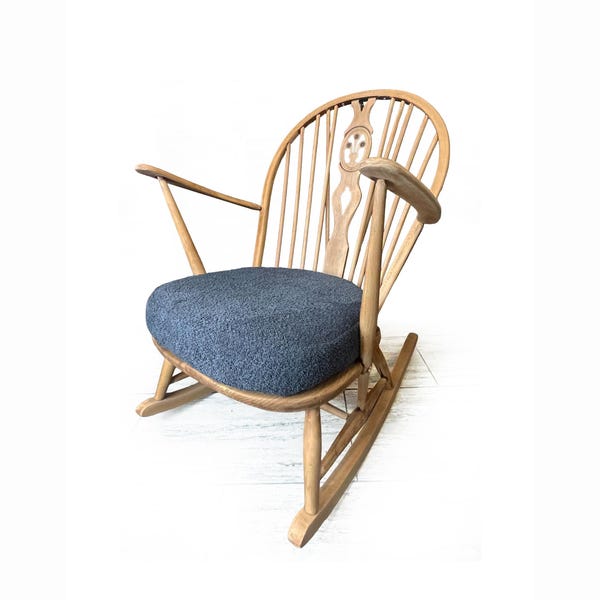 Mid Century Ercol Elm Wood Rocking Chair, Slate Grey Boucle Upholstery